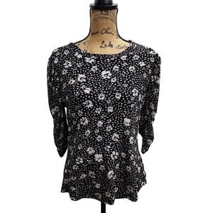 DKNY Floral Print 3/4 Sleeve Blouse Black White Womens‎ Top Elegant Large